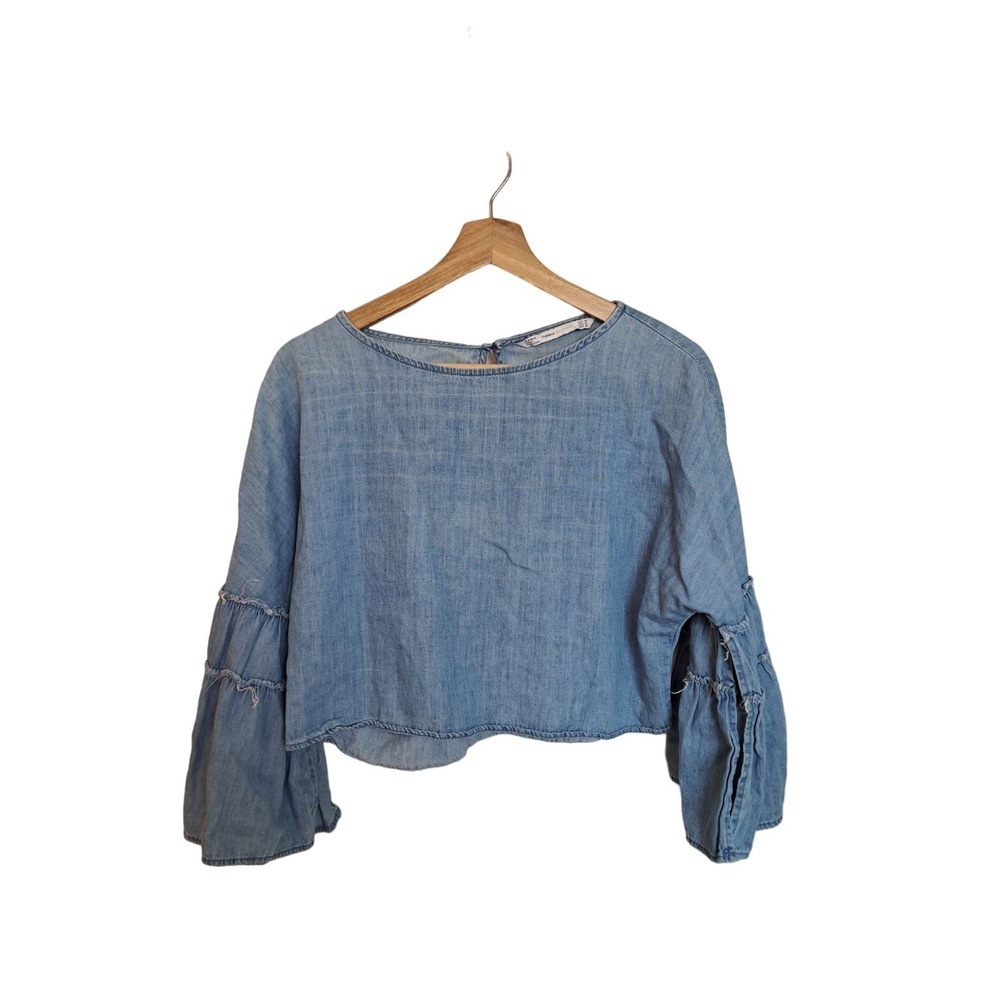 Zara Trafaluc Denim Wear Jean M Crop Top with Bell Sleeves - Picture 2 of 4
